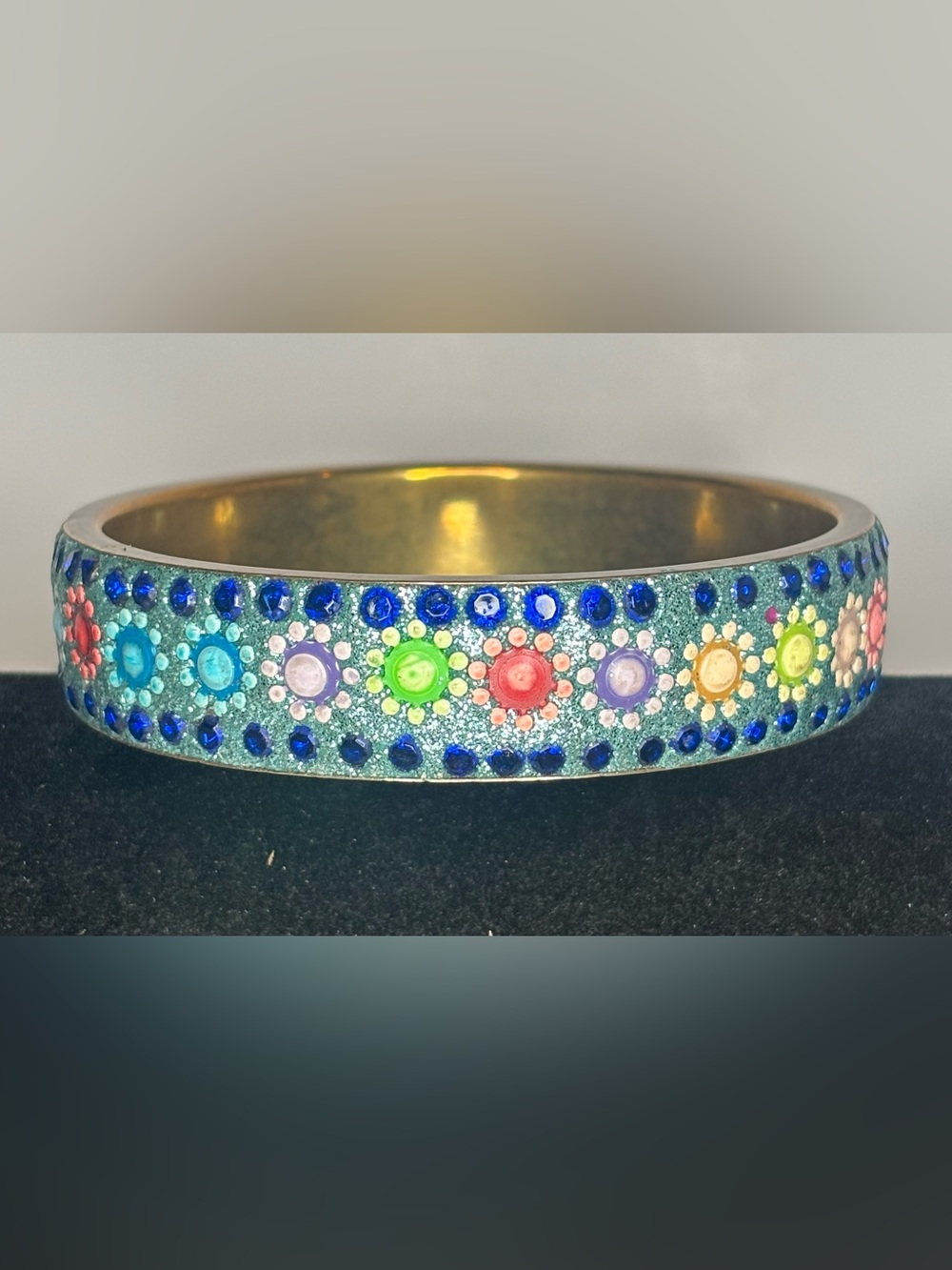 Brass Tone Bangle Bracelet Blue Rhinestone Glitter Enamel Floral Boho